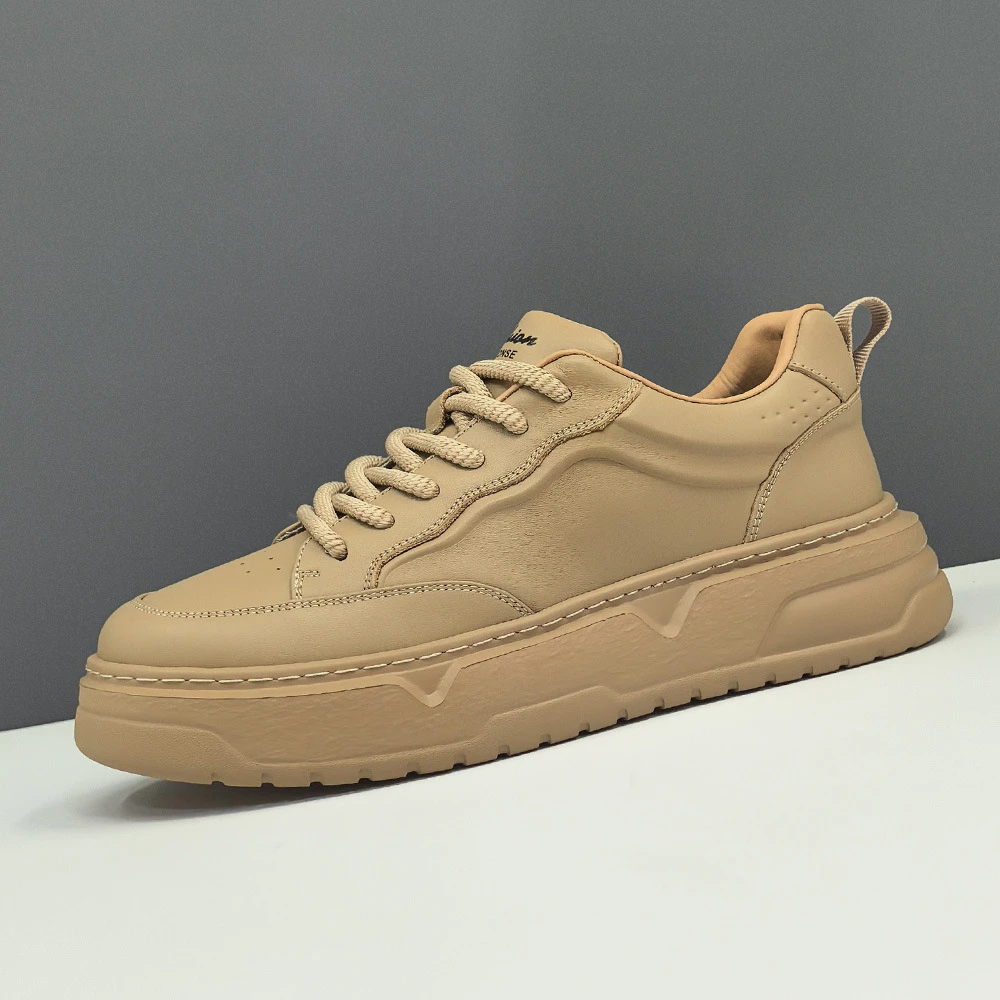 真皮板鞋男透气秋款厚底圆头潮系带轻便青年休闲鞋