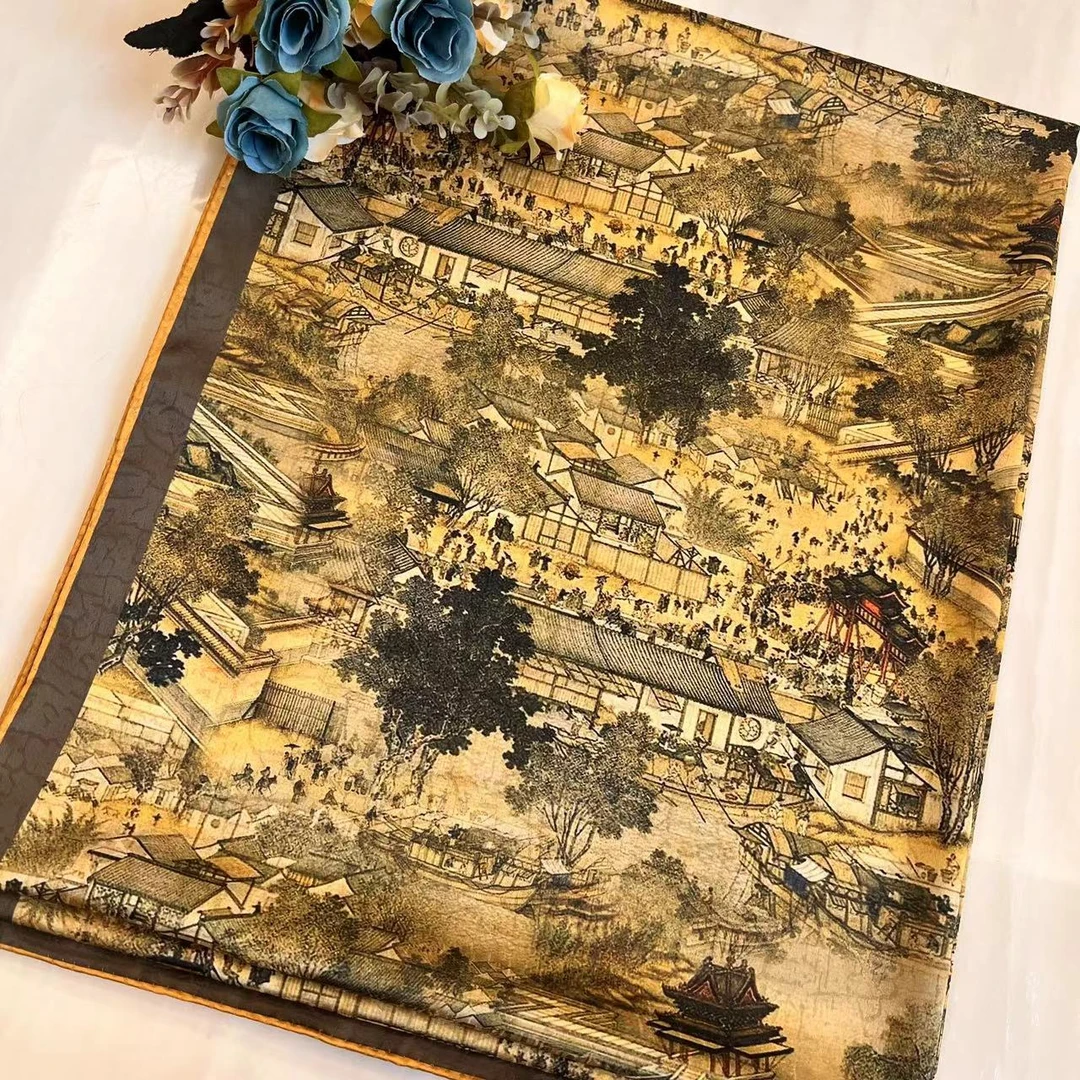 长卿【清明上河图】新中式龟裂纹轻奢高定丝巾70*180（A679）