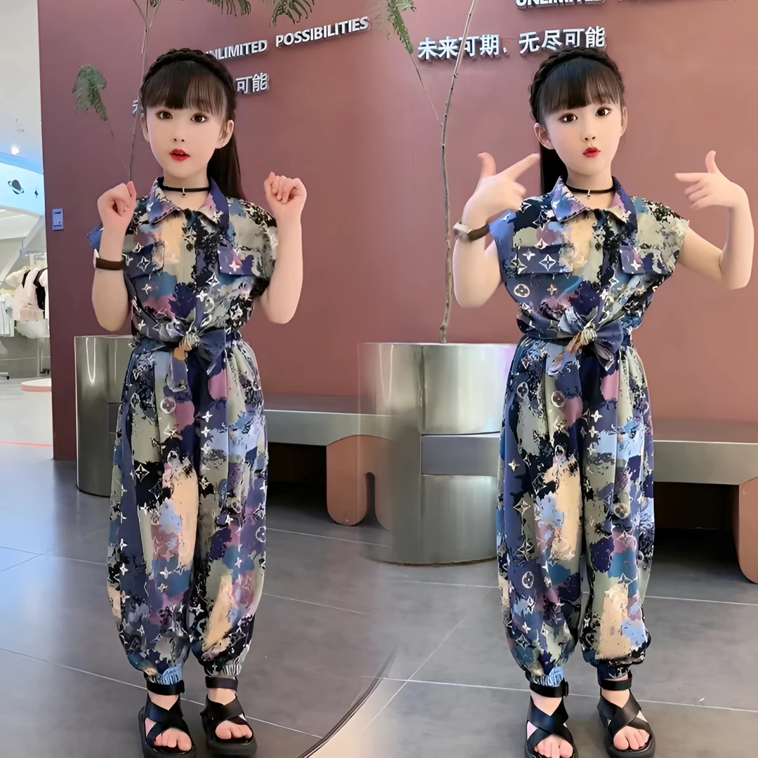 女童套装2025夏季新款中网红洋气时髦涂鸦迷彩休闲防蚊裤套装时尚