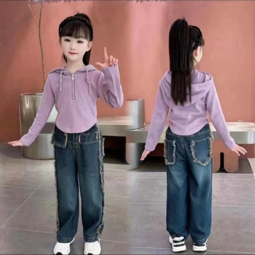女童套装秋季2025新款洋气儿童连帽卫衣设计感毛边牛仔裤两件套潮