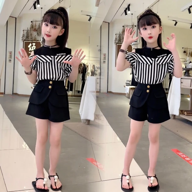 女童条纹套装2025夏季新款中时尚韩版夏季洋气时髦条纹露肩裙裤套
