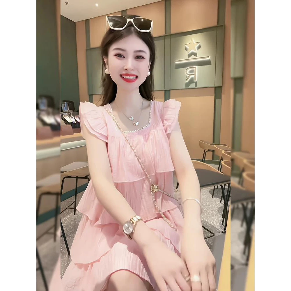 网红时尚甜美连衣裙女夏季2024新款方领钉珠拼接设计飞飞袖蛋糕裙