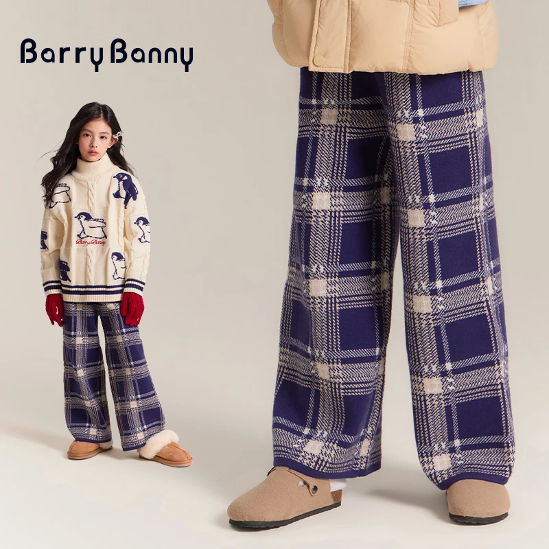 BarryBanny女童复古格纹针织裤2024冬季新款中大童保暖中厚阔腿裤