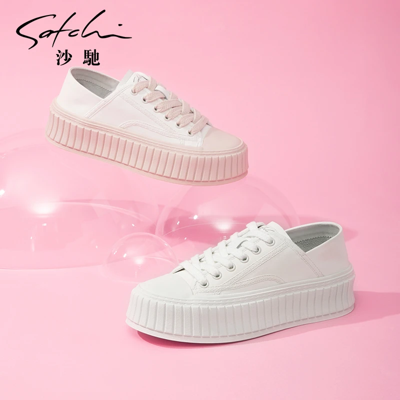沙驰小白鞋年春季可踩跟女厚底增高休闲板鞋透气饼干鞋