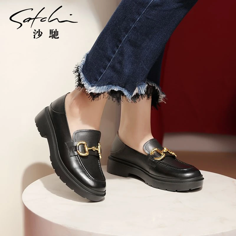 【GAO】沙驰一脚蹬女厚底粗跟英伦风乐福鞋女年秋季小皮鞋单鞋