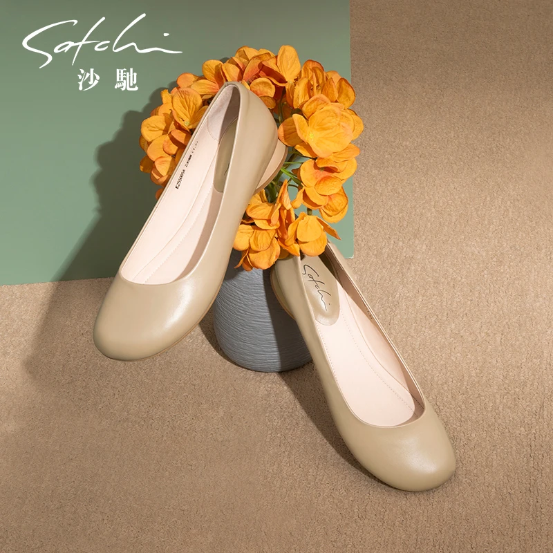 沙驰女鞋奶奶鞋2025春夏新款真皮芭蕾舞瓢鞋舒适平底鞋单鞋