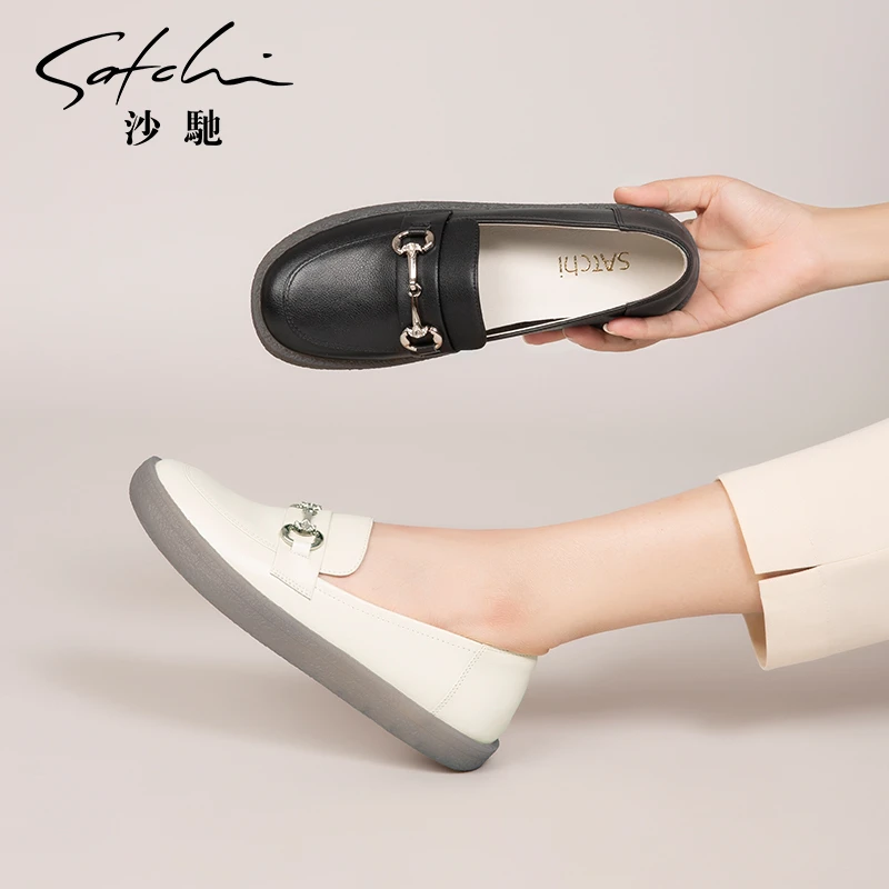 【GAO】沙驰女鞋乐福真皮秋季百搭果冻软底小白鞋一脚蹬白色单鞋