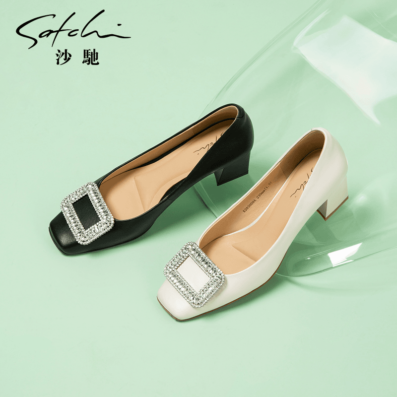 HZ沙驰女鞋粗跟浅口单鞋女2024春季新款时尚水钻方扣通勤百搭单鞋