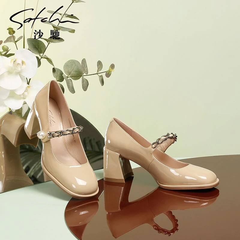 沙驰女鞋年春季粗跟高跟职业单鞋女漆皮舒适气质玛丽珍鞋
