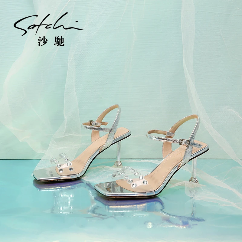 沙驰女鞋夏季外穿新款细跟高跟鞋一字带水钻透明胶片仙女鞋凉鞋女
