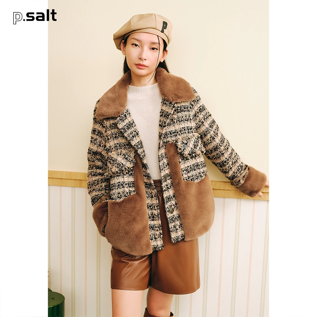 可颜女装冬季翻领羊毛拼接粗花呢小香风白鸭绒羽绒服AC53508140