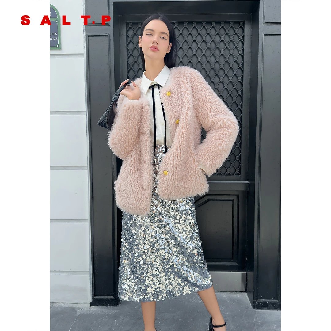 SALT.P可颜萝卜丝长绒圆领简约甜美千金风毛绒外套冬