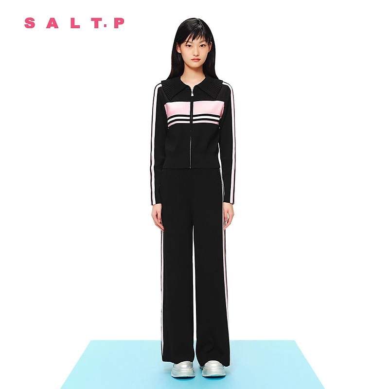 SALT.P可颜摩登甜酷运动感条纹针织阔腿裤休闲裤