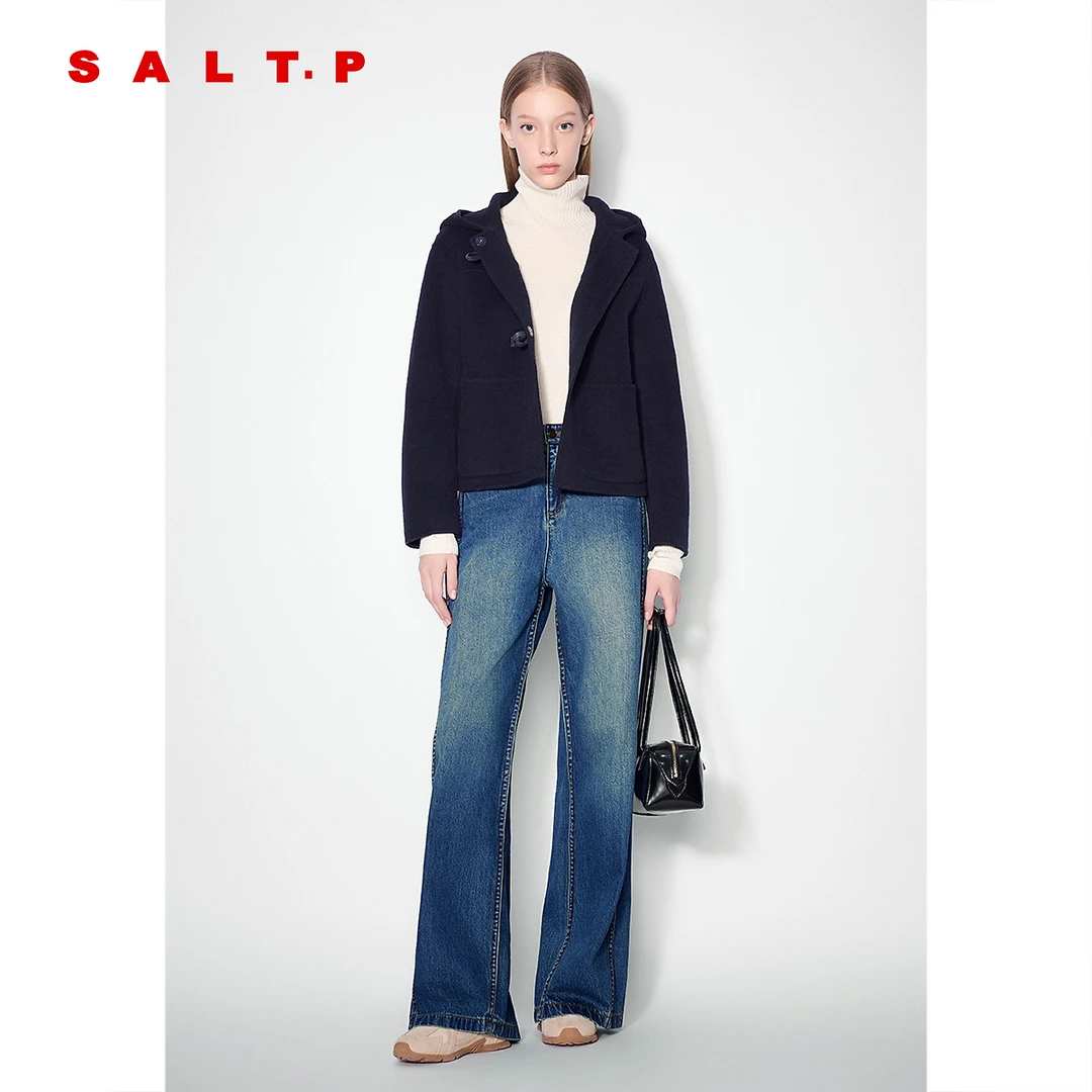 【羊毛混纺】SALT.P可颜牛角扣短款连帽双面呢毛呢外套冬