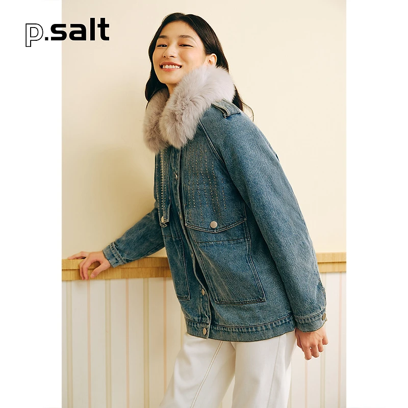 可颜女装冬季狐狸毛领兔毛内胆烫钻牛仔外套派克服皮草AC53509300