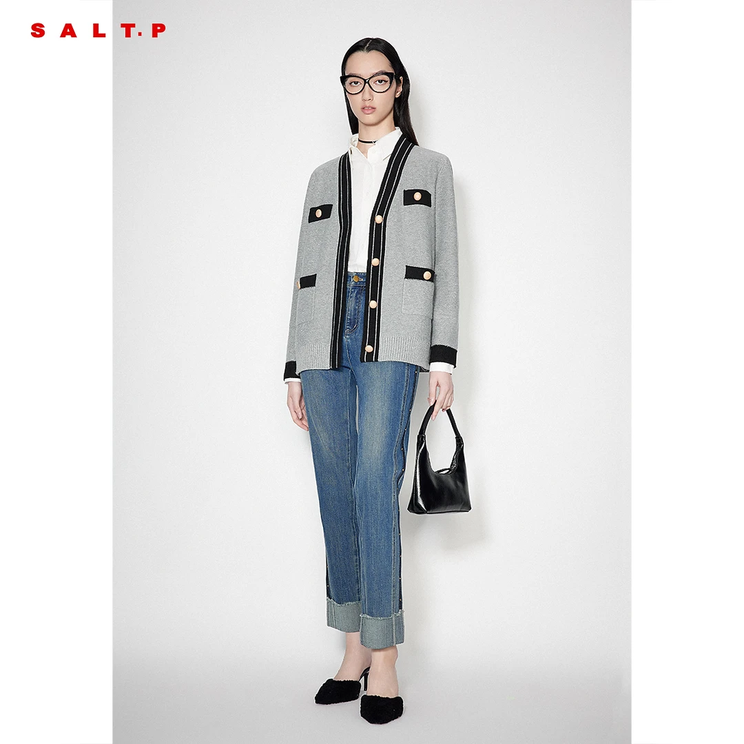 【弹力珠片纱】SALT.P可颜黑白撞色v领学院小香风针织开衫秋