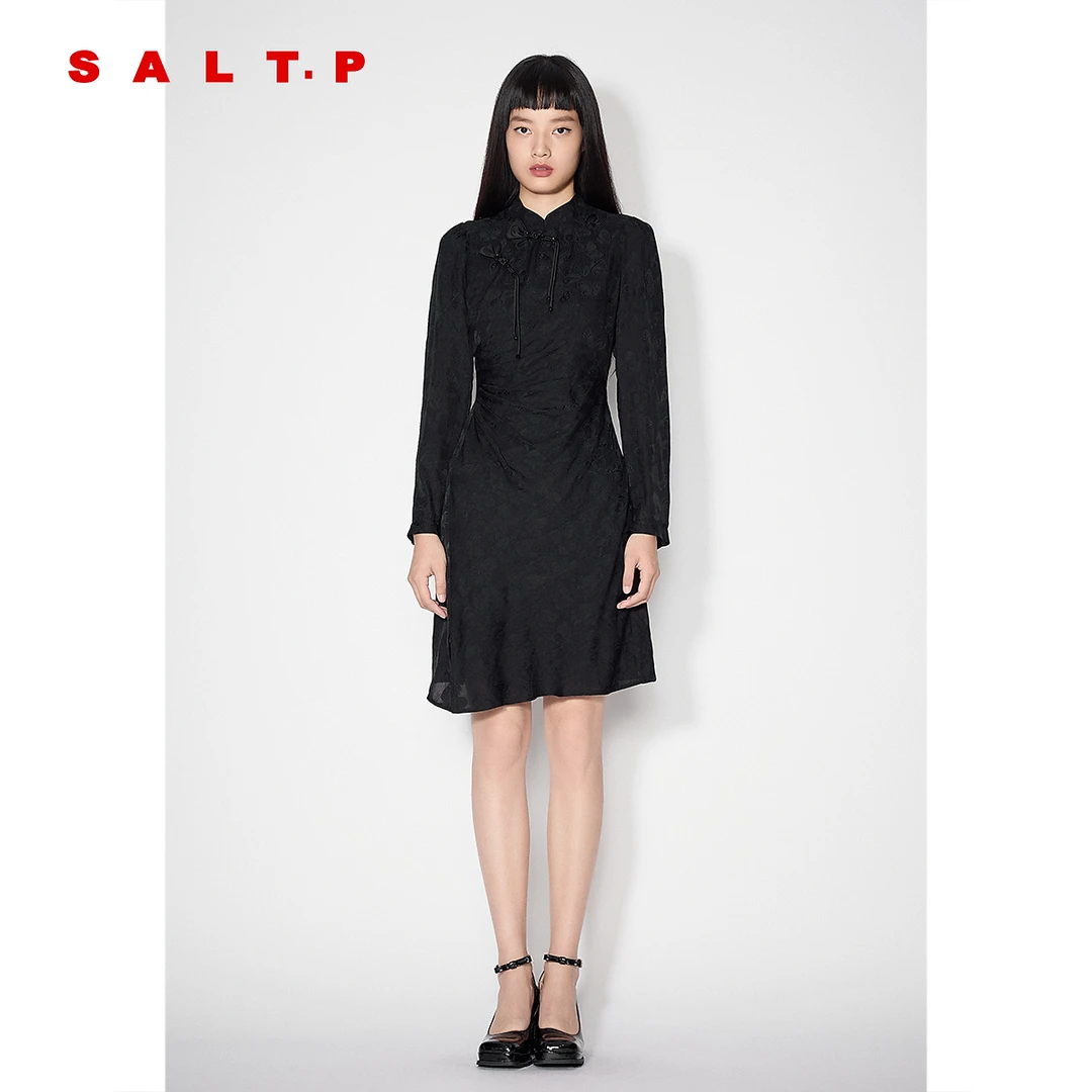 SALT.P可颜新中式黑色蝴蝶提花修身连衣裙旗袍裙2025春新款