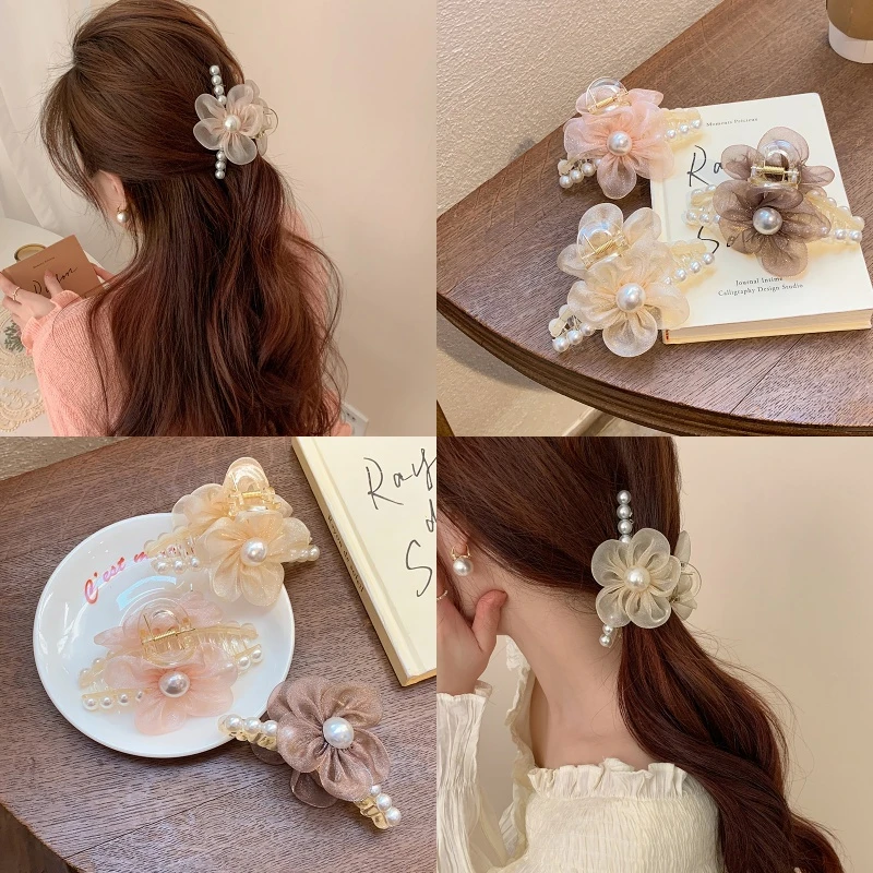 欧根纱珍珠花朵抓夹女清新发夹头饰韩国ins风发卡后脑勺鲨鱼夹
