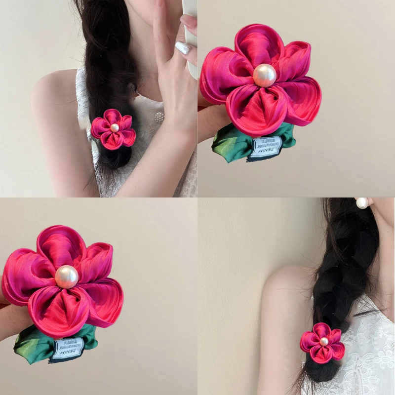 高级感珍珠花朵扎头发耐用发圈女大肠圈绑头发皮套橡皮筋头绳可爱