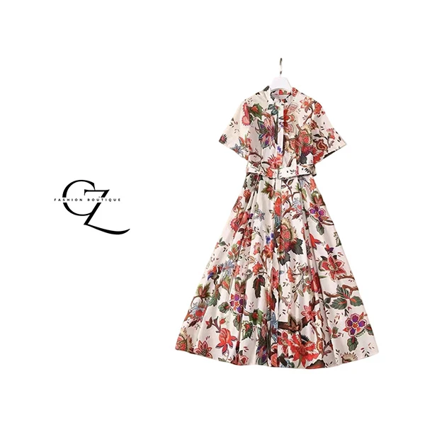 走秀新款高端棉质印花中长裙气质收腰短袖连衣裙CZ0107