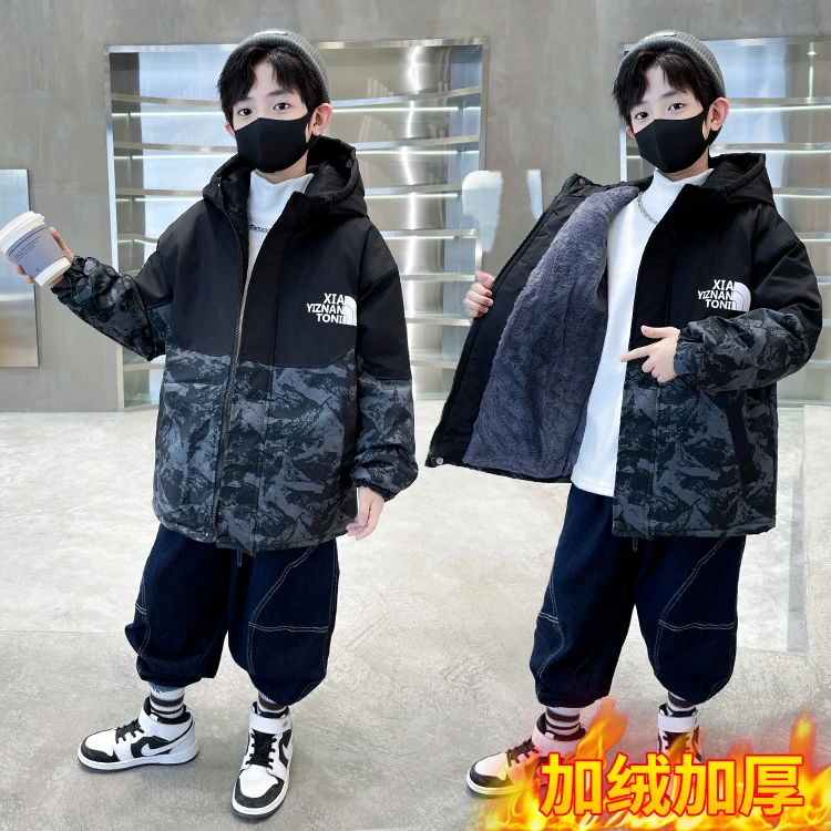 男童冬装加绒外套2025新款中大儿童装男孩冬季加厚派克服兔毛棉服