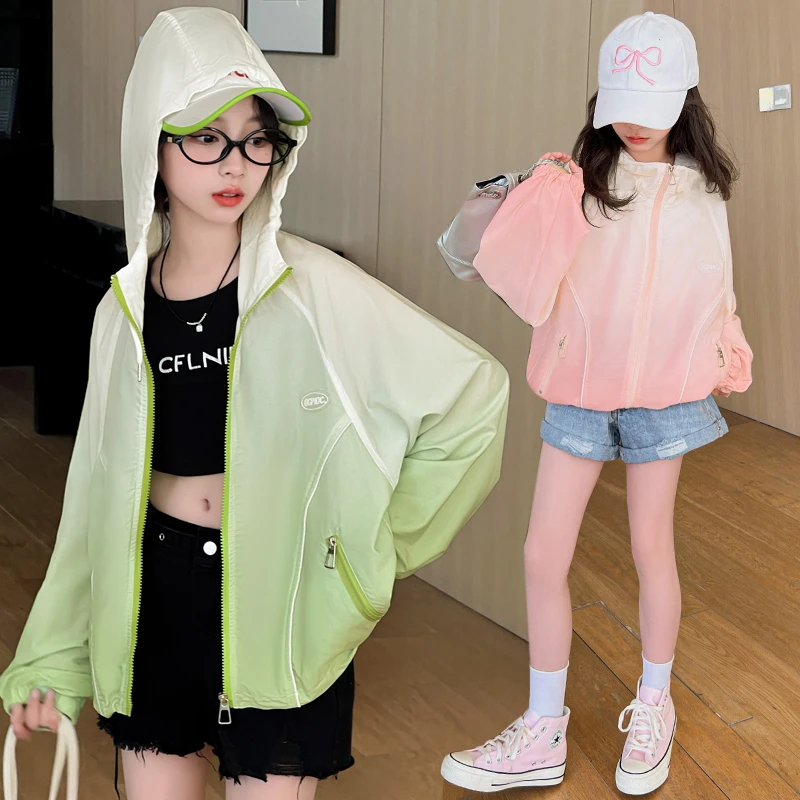 女童防晒衣夏季轻薄透气外套儿童渐变冰丝防晒服大童女孩2025新款