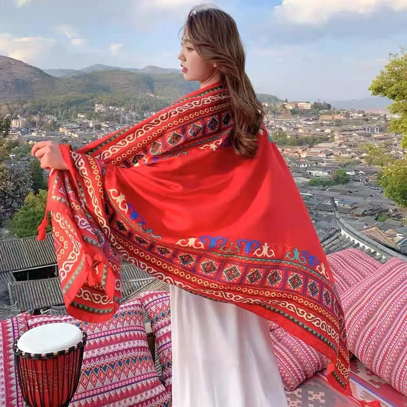 披肩女夏外搭防晒红色民族风围巾沙滩巾丝巾三亚云南丽江沙漠拍照
