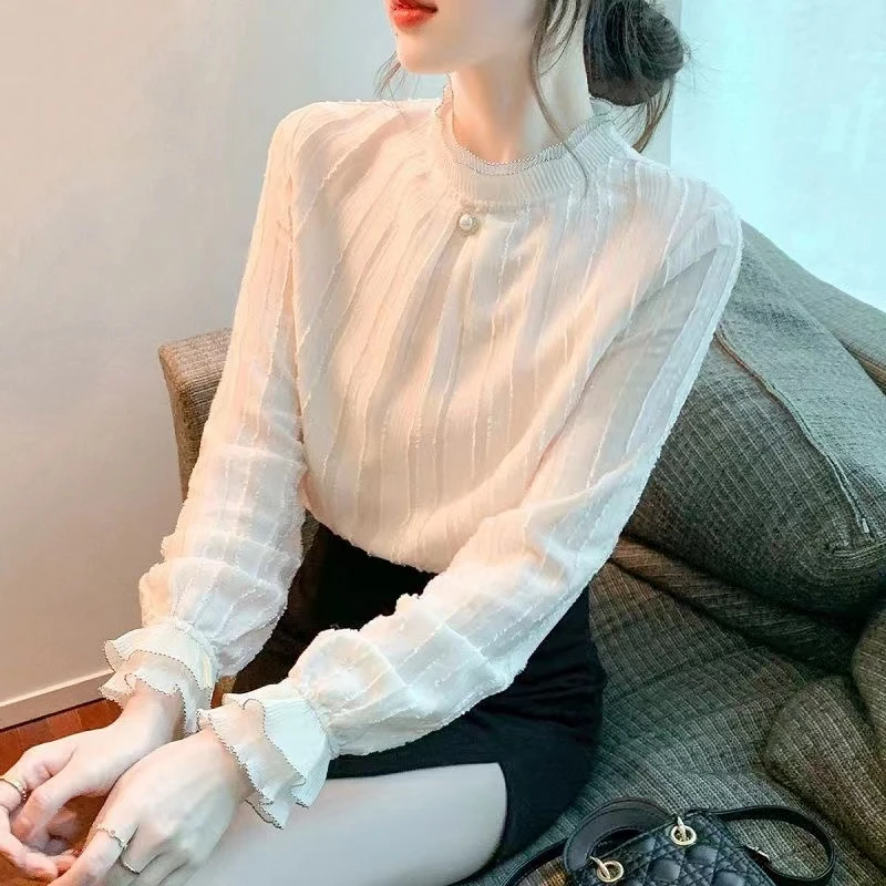 雪纺女春秋新款修身长袖打底衫半高领上衣木耳边衬衫蕾丝恤小衫