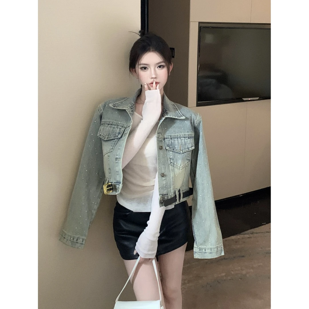 2024秋季新款甜酷辣妹复古重工镶钻洗水牛仔长袖短款外套设计感