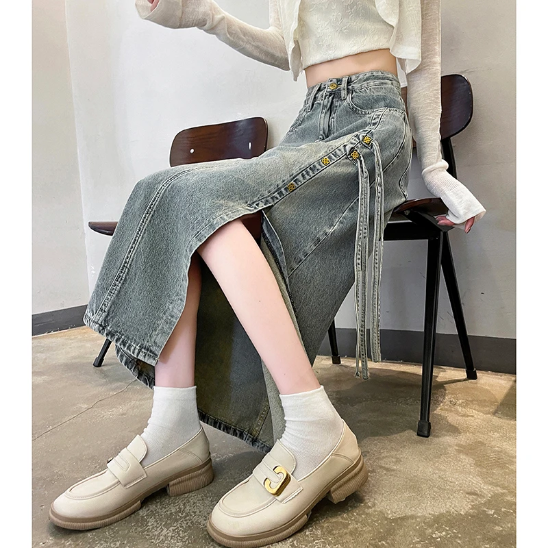 胖mm大码开叉牛仔半身裙女2024夏季高腰显瘦复古a字中长款包臀裙