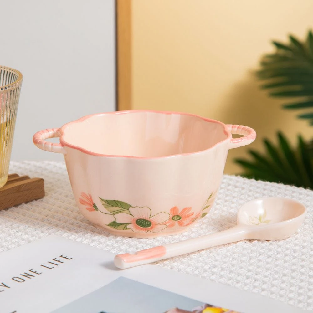 【6英寸小南瓜+勺】奶油珊瑚海双耳小汤碗勺早餐碗甜品碗燕麦片