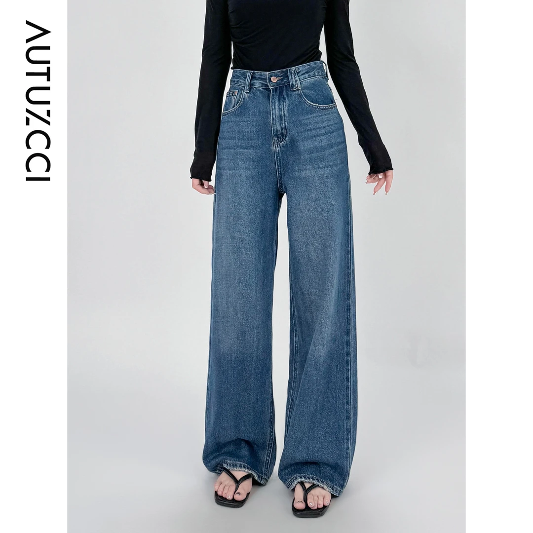 AUTUZCCI高腰阔腿牛仔裤显瘦春夏新款港风复古垂感直筒牛仔裤7498