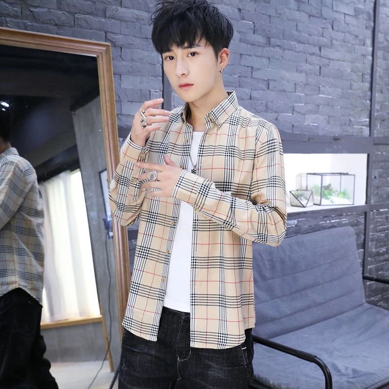 衬衫男春秋男士韩版格子长袖衬衫休闲青年衬衣宽松大码男装寸衫