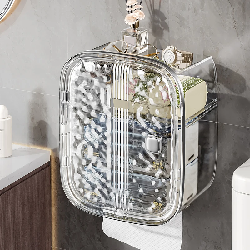 【佳立方】轻奢冰川纹双层纸巾盒防水透明大容量免打孔壁挂式置物架