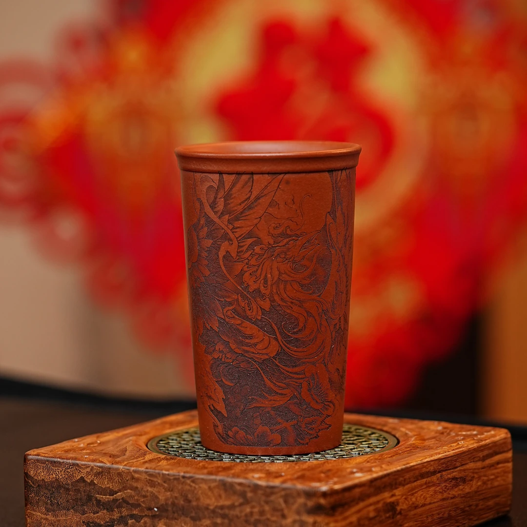 宜兴原矿紫砂主人杯鸡血大红袍手工刻绘凤啸九天品茗杯大容量茶杯