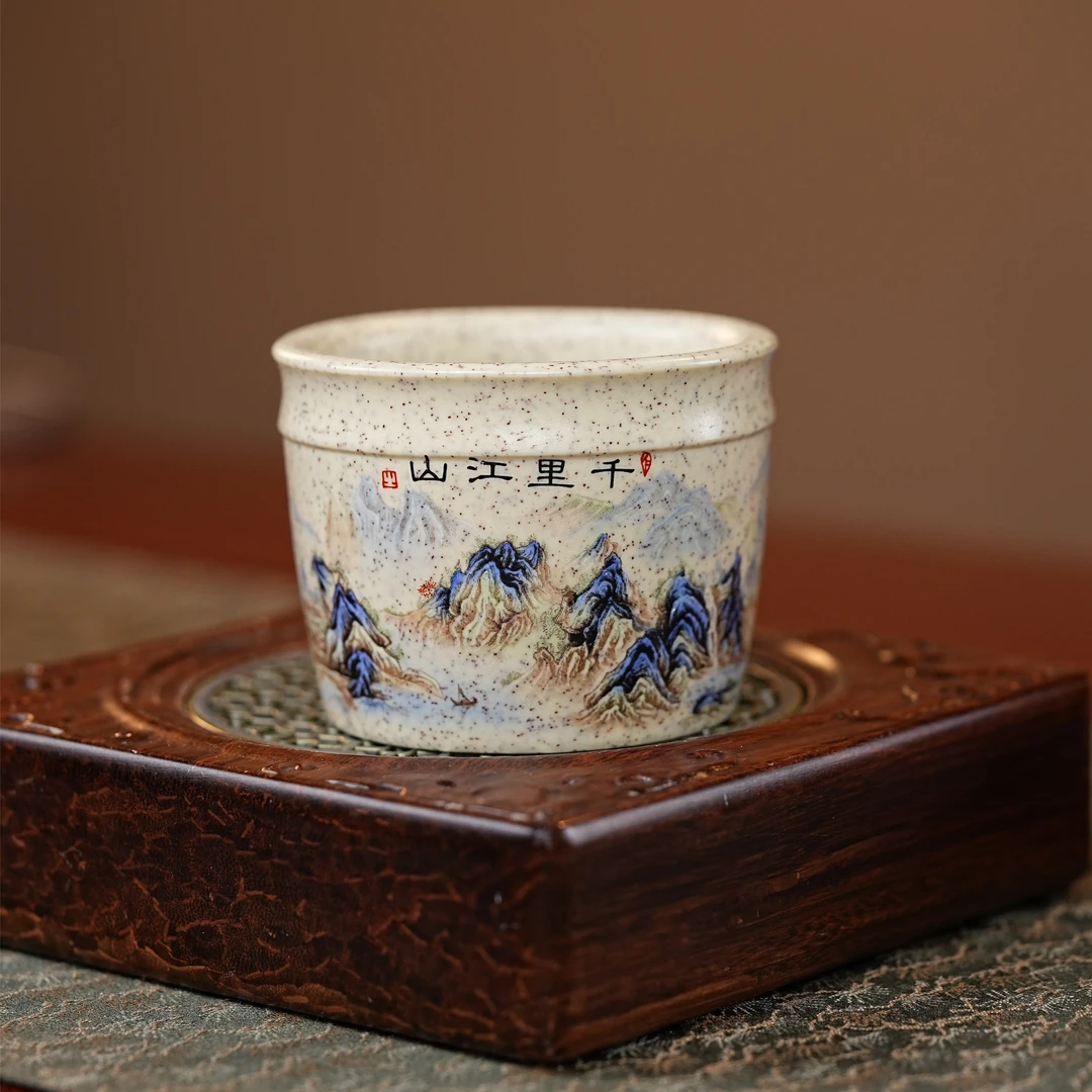 宜兴原矿紫砂主人杯羊脂白玉段千里江山大容量品茗杯茶杯茶具