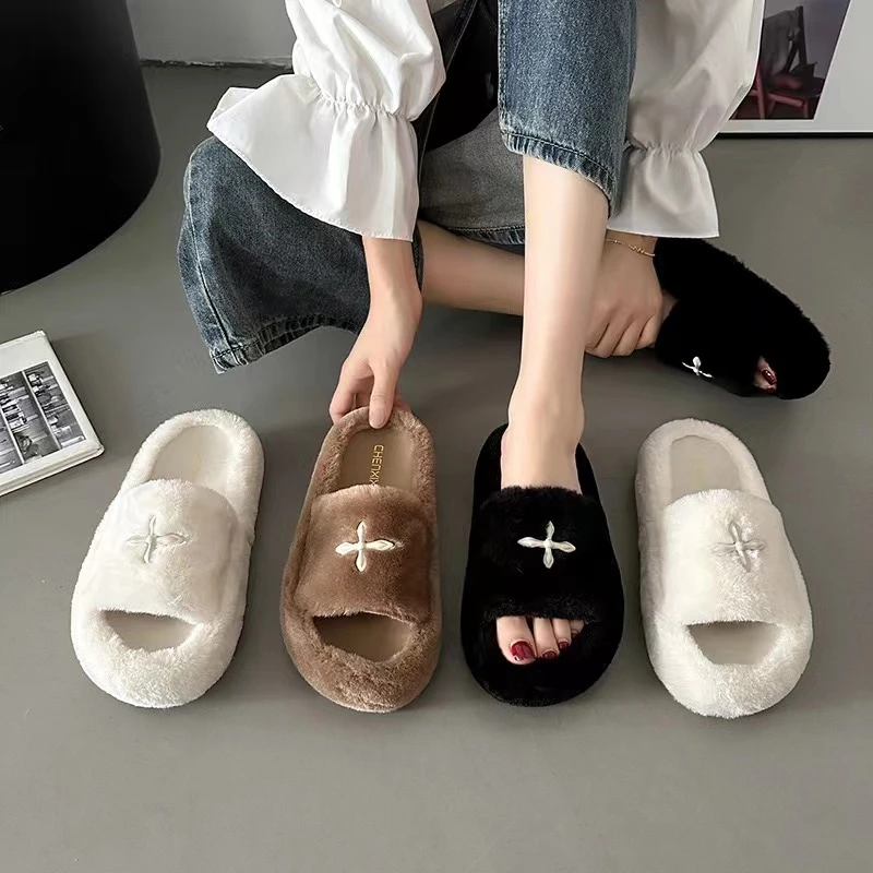 十字花毛毛拖鞋女外穿厚底一字拖秋冬季2023新款百搭网红爆款棉拖