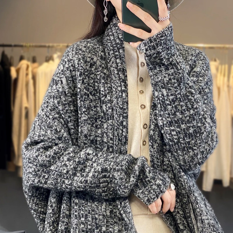 秋冬加厚无扣羊毛开衫宽松慵懒风斗篷披肩针织上衣