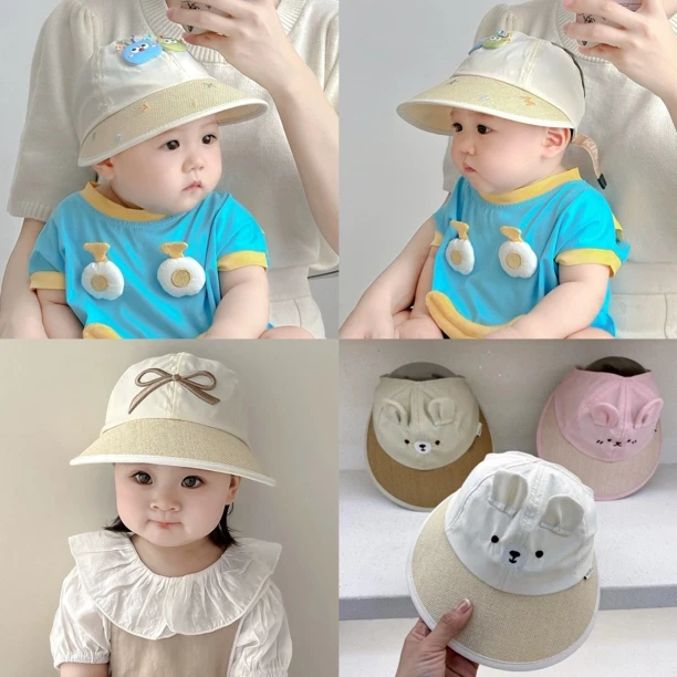 韩版儿童帽子夏季蝴蝶结大檐防晒帽女宝宝鸭舌棒球帽出游空顶草帽