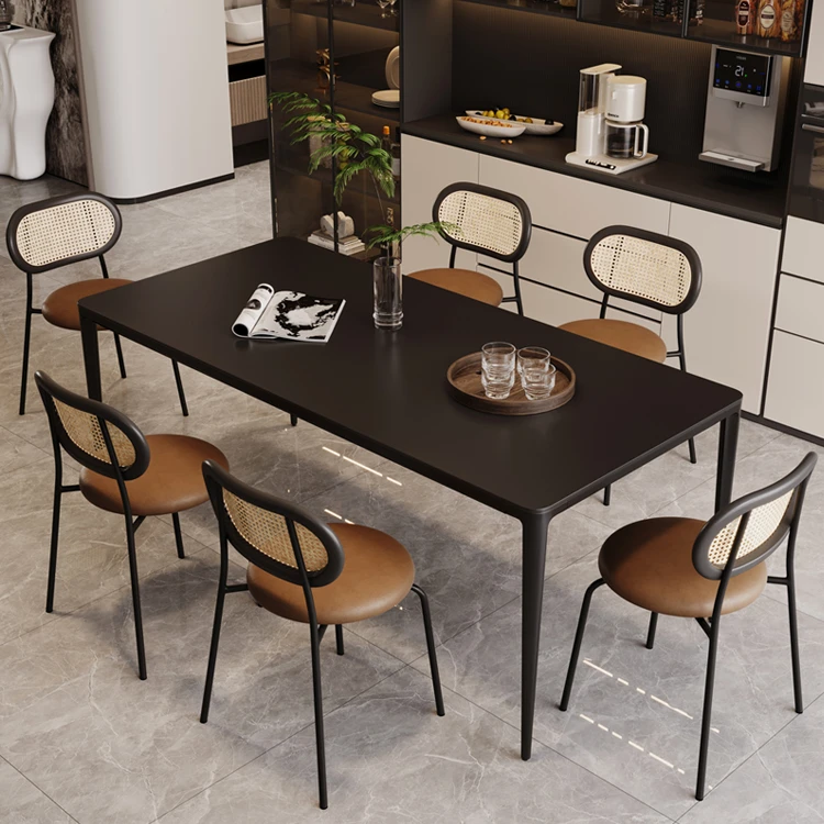 意式岩板餐桌椅组合家用轻奢极简现代简约长方形小户型饭桌子黑色