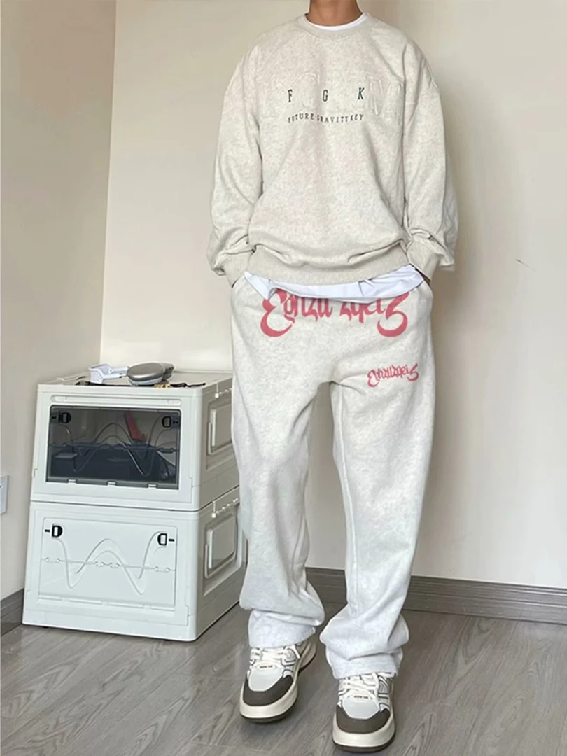 美式复古灰色系带运动卫裤男春秋季潮牌字母小众宽松百搭直筒裤子