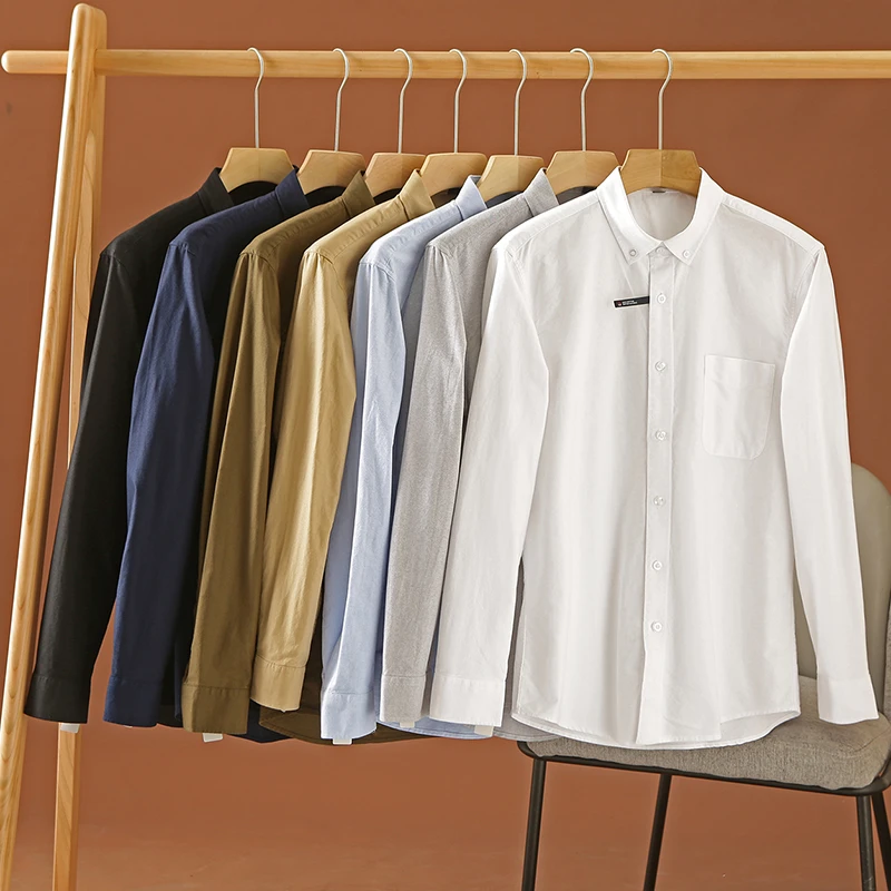 LY#秋季男士长袖衬衫纯棉牛津纺宽松大码简约百搭纯色衬衣打底衫
