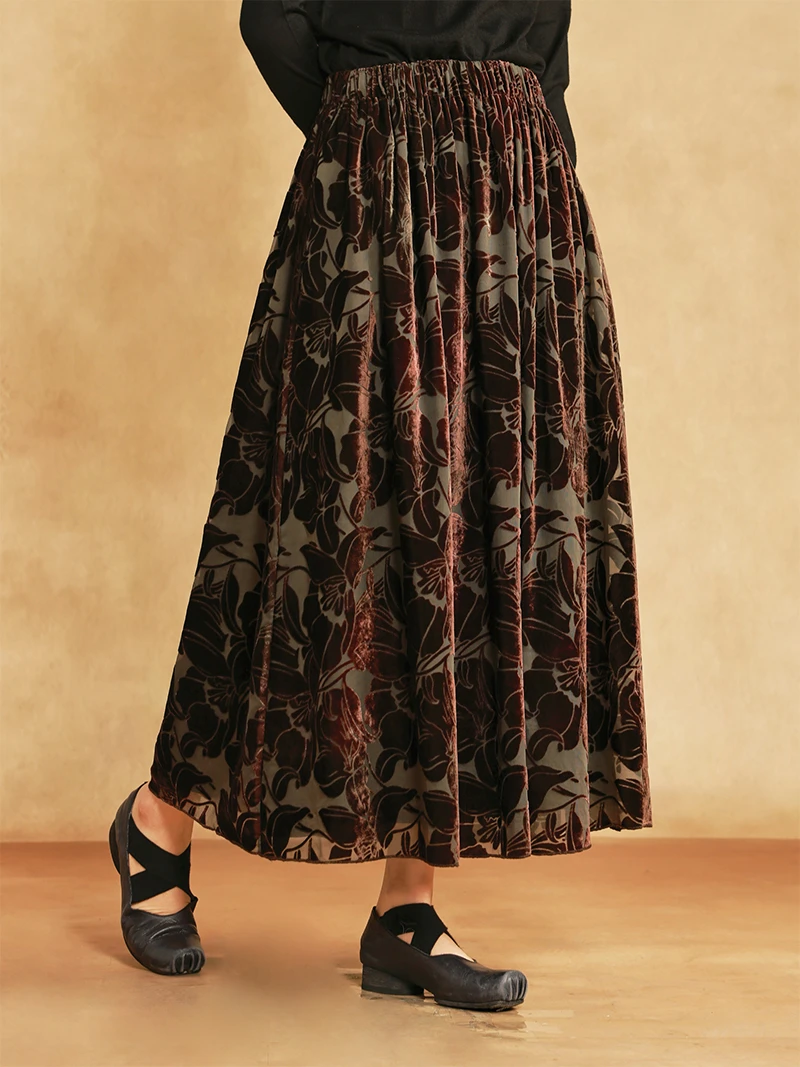 2505加密锦绒烂花绒毛边半裙长款百褶裙女装半身裙23138