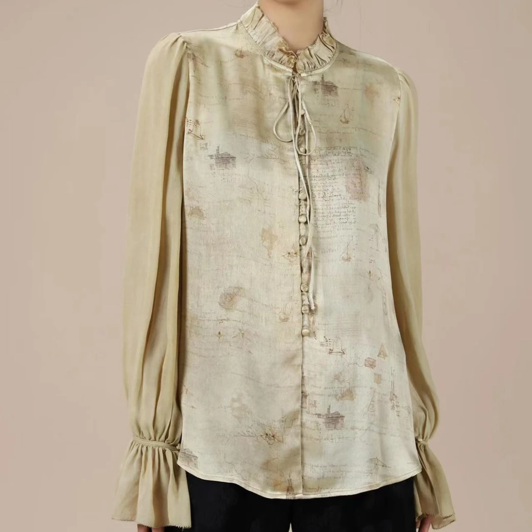 暴力清仓3-ZB22156 手绘达芬奇手写体复古文艺立领长袖上衣衬衫