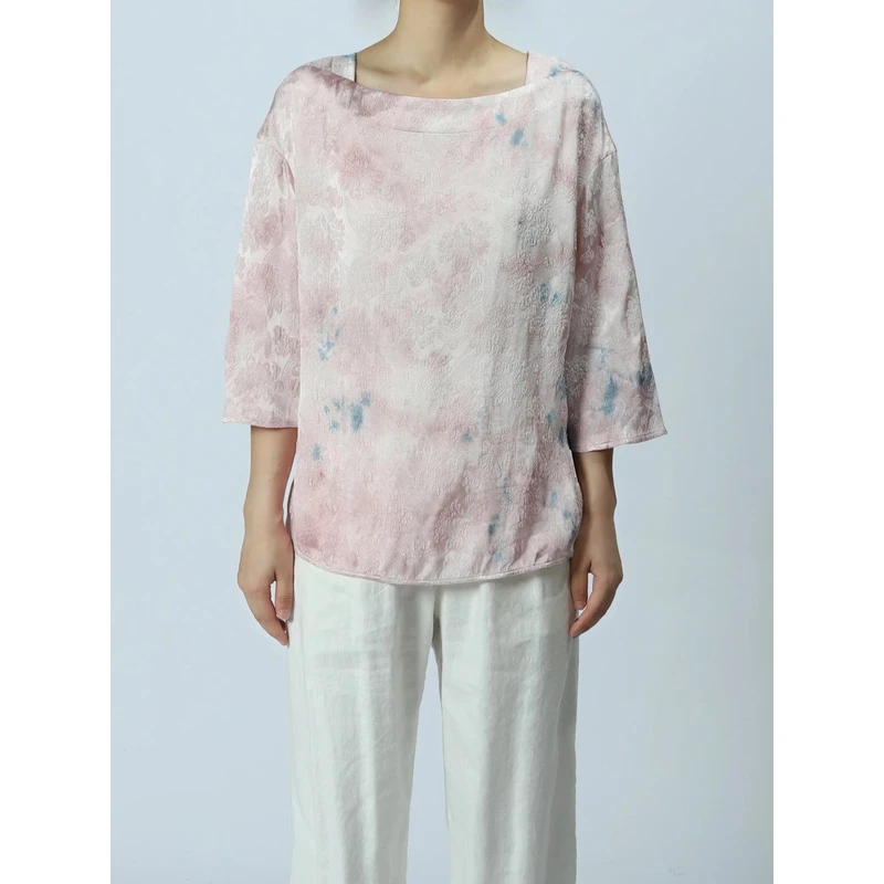 重磅桑蚕丝冠乐绉提花新中式手绘七分袖衬衫上衣23047