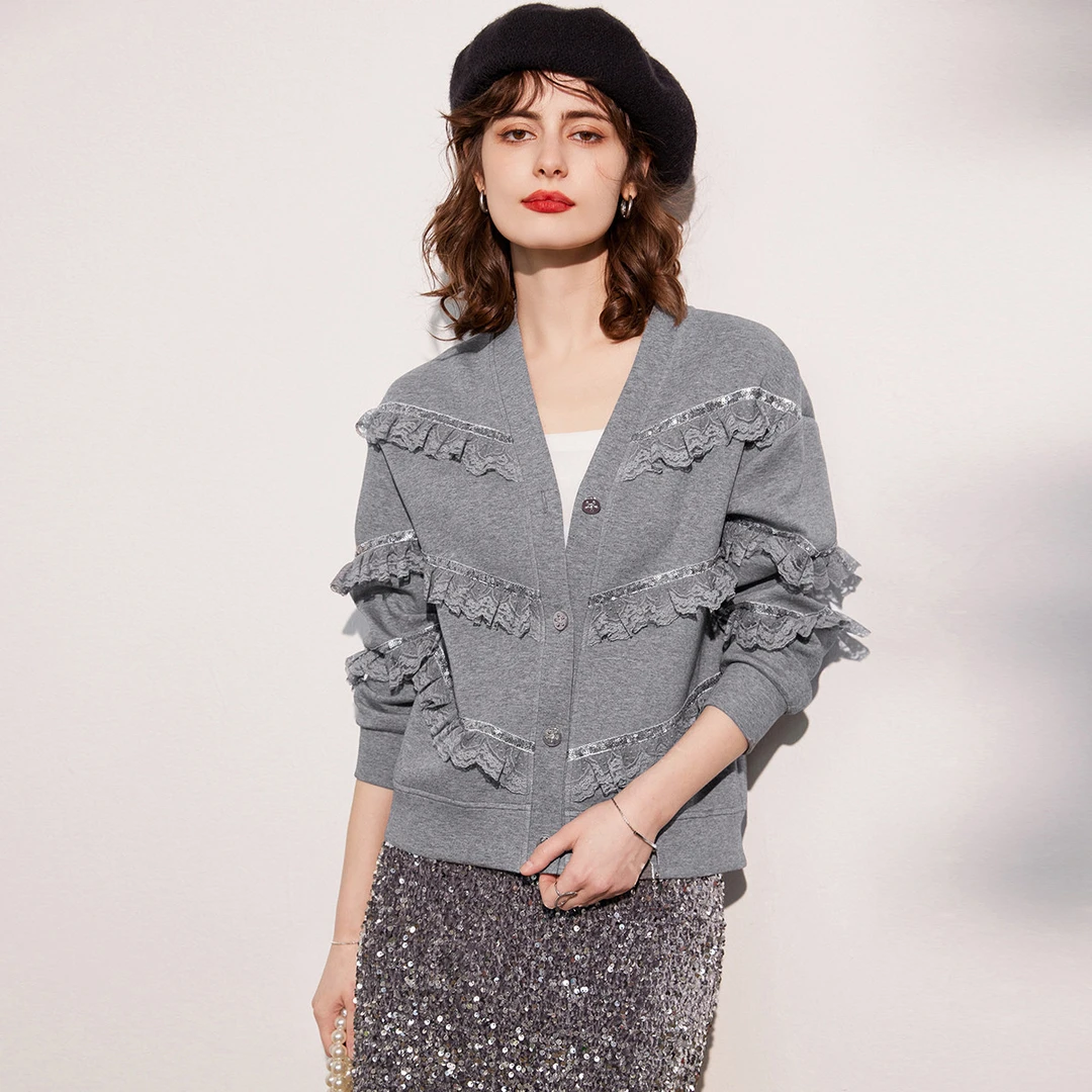 白鹿语新款时尚休闲宽松亮片荷叶边v领长袖女式外套BY10334