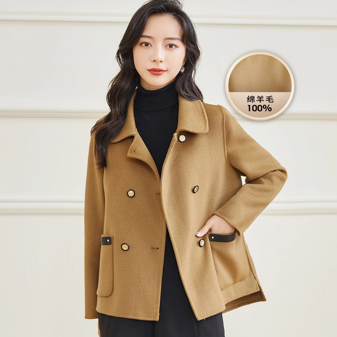 白鹿语100%绵羊毛双面呢大衣秋冬款通勤翻领毛呢外套女HX10004