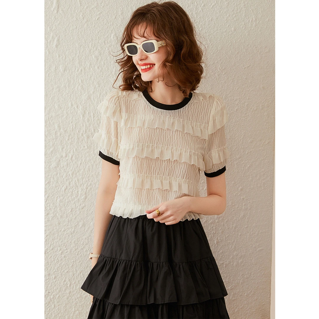 白鹿语夏时尚肌理感撞色拼接多层木耳花边短袖衬衫HU10076