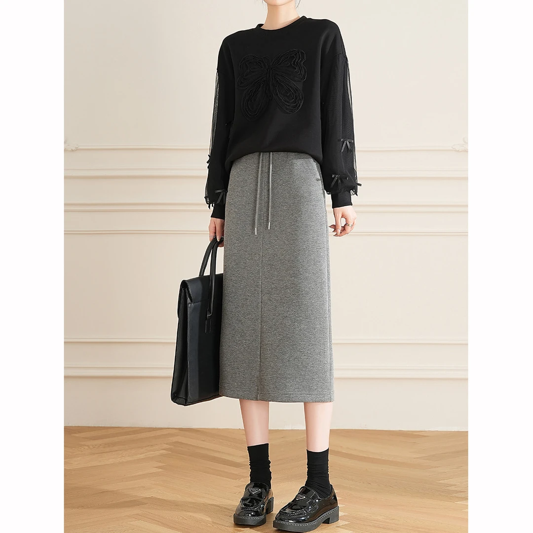 白鹿语秋新款时尚气质通勤百搭纯色高腰开叉半身裙BL30386