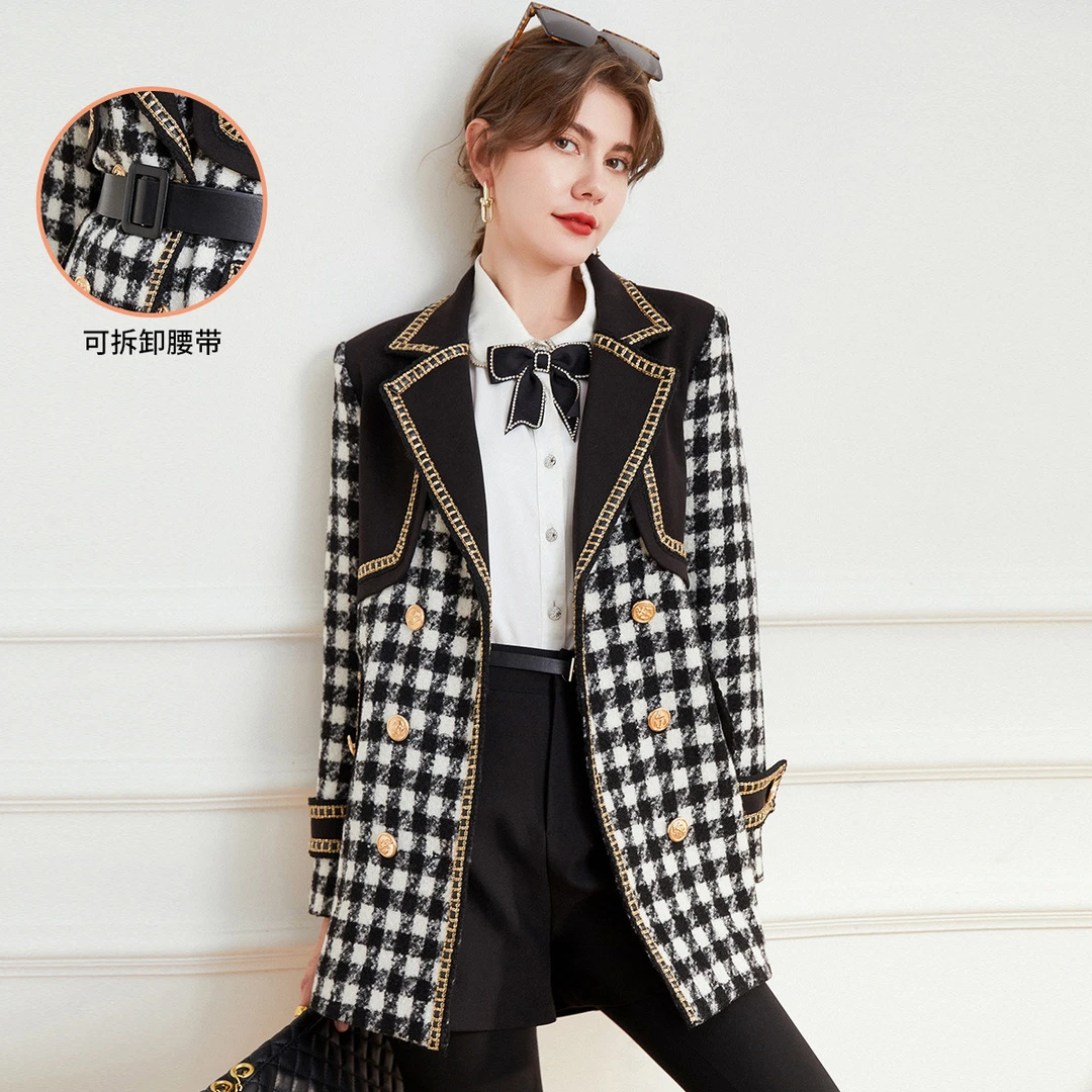 白鹿语设计感格纹拼接大衣时尚气质双排扣层次感中长款WBX36154